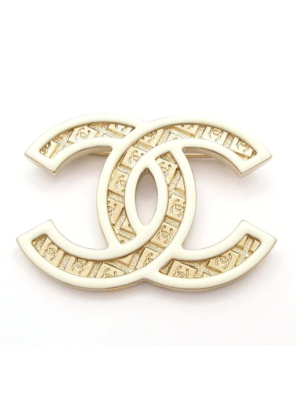 Chanel Brooch CC Logo Gold White